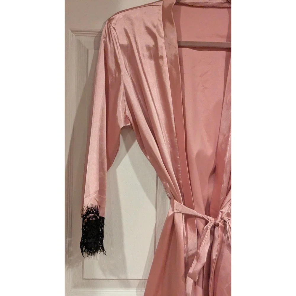LYANER Pink Satin Lace Trim Robe Kimono Duster Wrap‎ Tie M